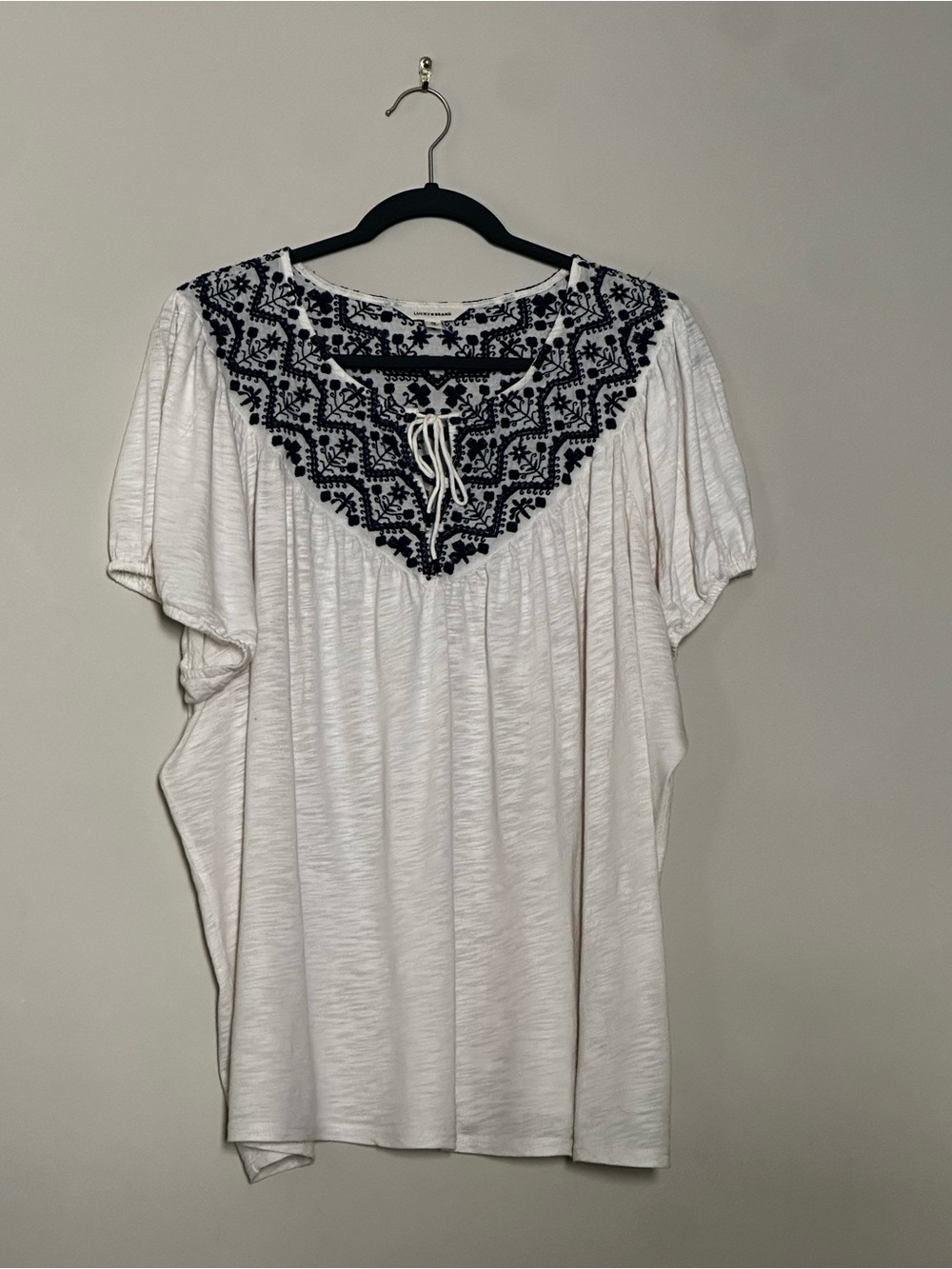 Lucky Brand White Tunic with Navy Embroidered Yoke